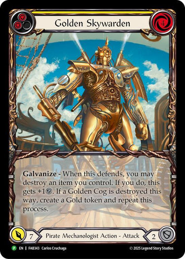 Galvanize - When this defends, you may destroy an item you control. If you do, this gets +1DEFENSE. If a Golden Cog is destroyed this way, create a Gold token and repeat this process.
